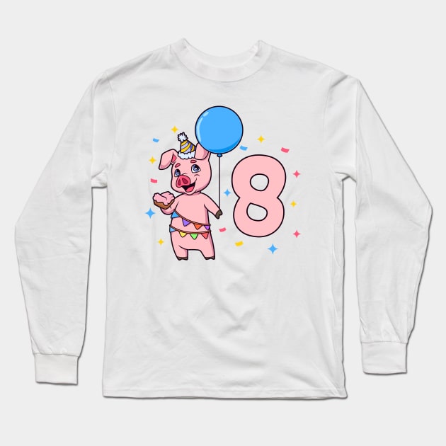 I am 8 with pig - kids birthday 8 years old Long Sleeve T-Shirt by Modern Medieval Design